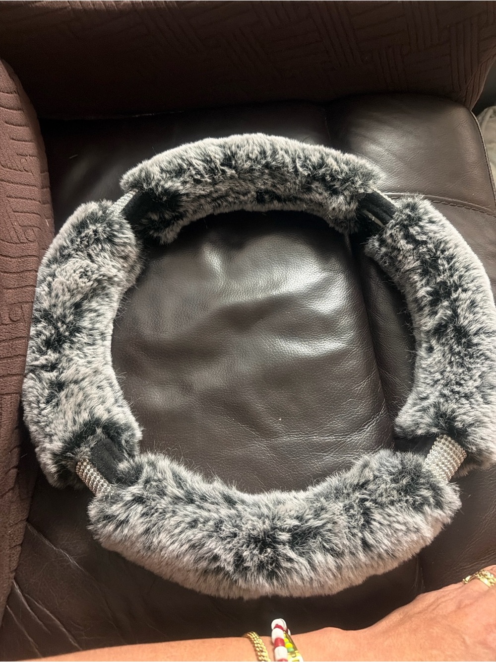 Fuzzy Gray, White, Black Steering Wheel Cover Fits Most Steering Wheels